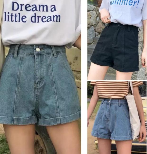 Quần short nữ kaki cạp cao, quần đùi jean nữ ống rộng lưng cao phong cách Ulzzang Hàn Quốc