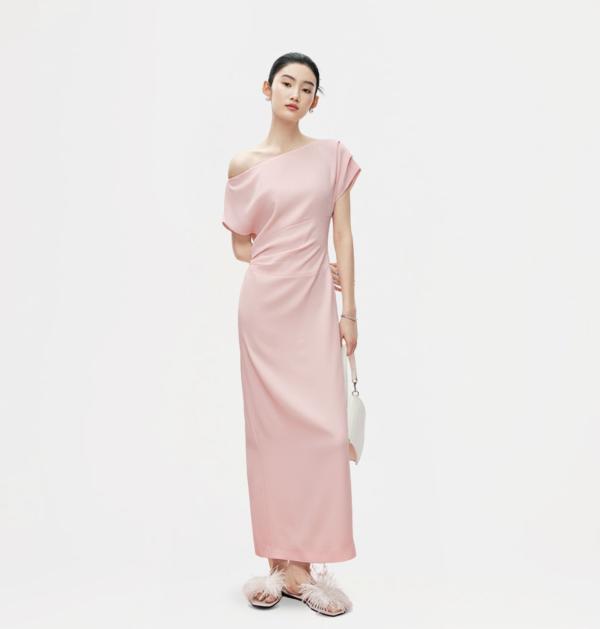 Đầm Dáng Dài Lệch Vai Nhúng Eo, Váy Thiết Kế Dáng Suông Che Bụng Dự Tiệc Thanh Lịch Sang Trọng Cao Cấp KAYLIN BS0169